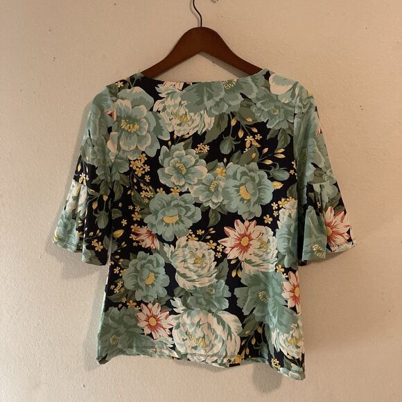 CHARTER CLUB black muilticolor floral round neck short flared sleeves top PM - Picture 6 of 7